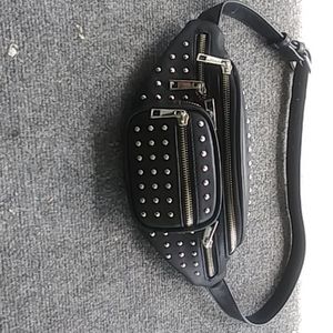 Black faux leather and studded fanny pack